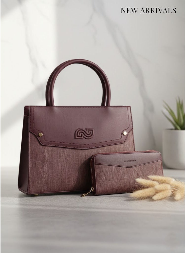 FUMES Wine-Red Women’s Satchel Handbag with Matching Small Wallet – Structured Design, Solid Textured Finish, Elegant Office & Daily Carry Bag - Image 1